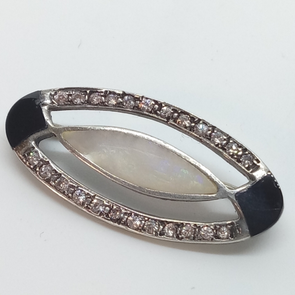 * vintage Sterling Silver Mother of Pearl & Onyx inlay rhinestones brooch pin